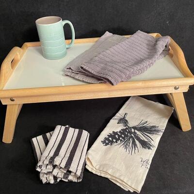 Lot 342  Bed Tray, Ceramic Mug, 3 Dish Towels, 2 Dish Cloths