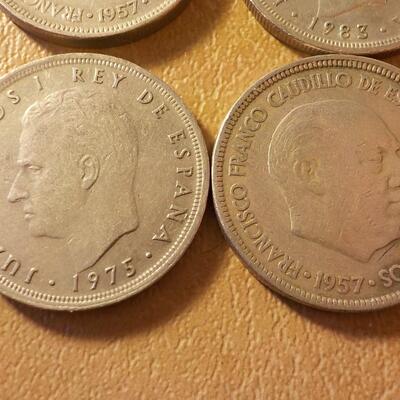 4 PTAS Spanish coins. 1957,83,57,75.