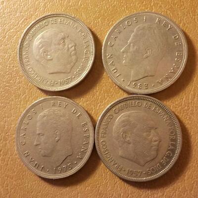 4 PTAS Spanish coins. 1957,83,57,75.