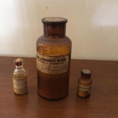 B612 Three Antique Medicine Glass Bottles with corks. (Display Only)