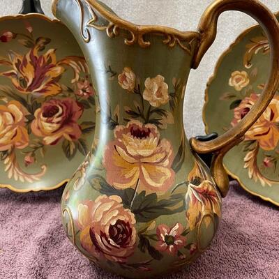 Lot 394 Floral Painted Vase and Plates with Stands