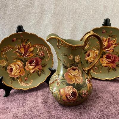 Lot 394 Floral Painted Vase and Plates with Stands