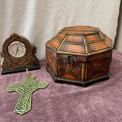Lot 400   3 Piece Decor:  Ornate Clock, Decorative Box, Ceramic Cross