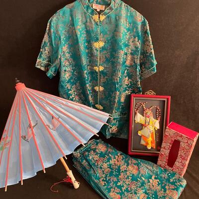 Lot 419  Vintage Hangzhou Pajama Set, Parasol, Beijing Facial Make-up Art and Floral Tissue Box Holder