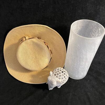 Lot 423 Cappeli Beach Hat, Elephant Figurine, and Hurricane Vase