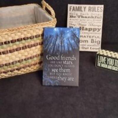 Lot 433  Nice Storage Basket and 3 Word Block Decor Items