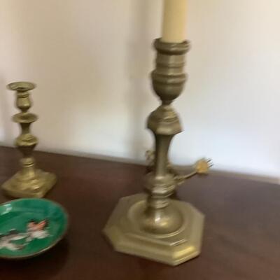 152. Brass Candle Stick Lamp & 2 PR Candle Sticks & Hand Painted Bowl