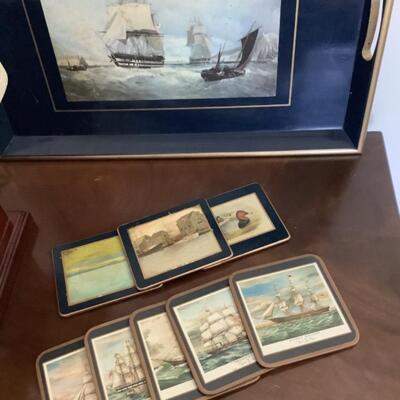 154. Scrimshaw Wooden Lamp, Coasters & Tray 