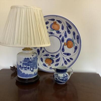 157  Asian Blue & White Porcelain Lamp/ Mottahedeh Pitcher/Italian Charger