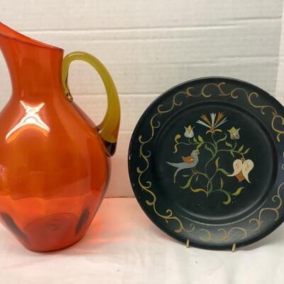 196  Large Blenko Mid-Century Modern Fluted Pitcher & Tole Style Painted Plate
