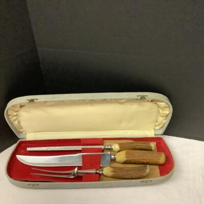 198. Sheffield Carving Set with Antler Handles and case 