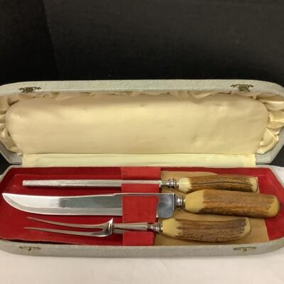 198. Sheffield Carving Set with Antler Handles and case 