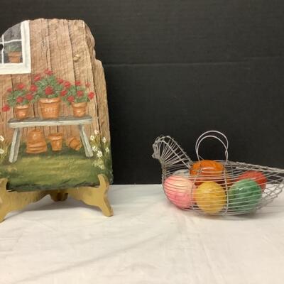 200 Signed Painted Slate by Phyllis, â€˜92 & Wire Chicken Basket with Marble Eggs