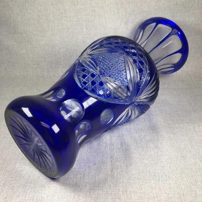 Cobalt Blue Cut to Clear Crystal Glass Flower Vase
