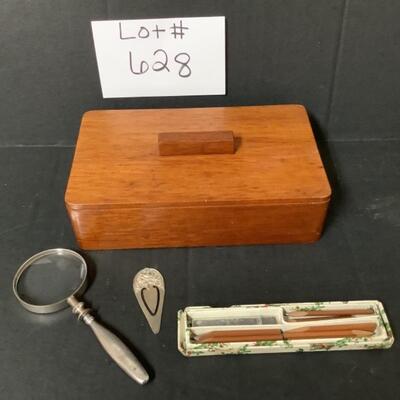 B628 Mahogany Box Sterling Silver Magnifying Glass Pencil Holder and Bookmark 