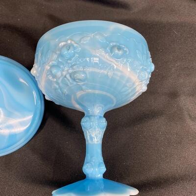 Turquoise and White Slag Glass Pedestal Candy Dish
