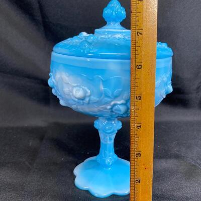 Turquoise and White Slag Glass Pedestal Candy Dish