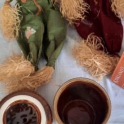 Lot 451  Fall Decorations Group - Scarecrows and Acorn Jar