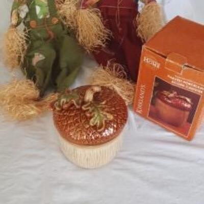 Lot 451  Fall Decorations Group - Scarecrows and Acorn Jar