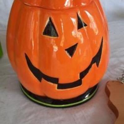 Lot 454  Halloween Decor: Hanging Sign, Spider, Porcelain Pumpkin, 2 Light-up, Headbands