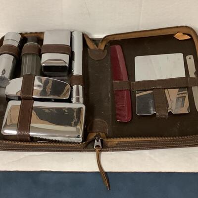 C639 Vintage Travel Grooming Kit with Genuine Leather Zip-Up Case