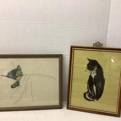 220 Pair of Framed Cat Themed Needle Work