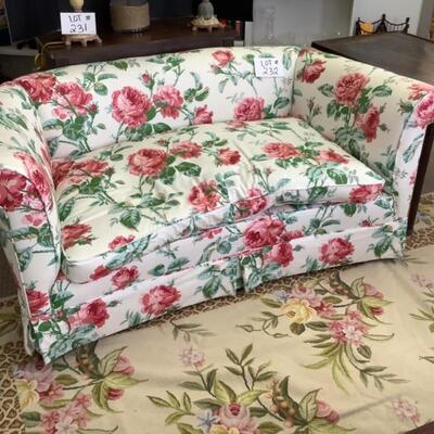 232. Custom Upholstered Loveseat with Down Filled Cushion with RAMM Fabric Versaille Rose