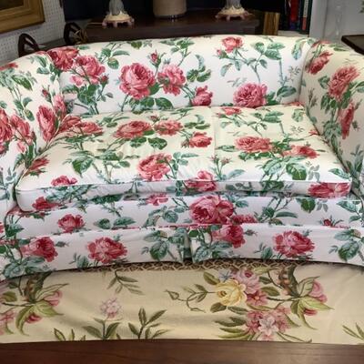 232. Custom Upholstered Loveseat with Down Filled Cushion with RAMM Fabric Versaille Rose