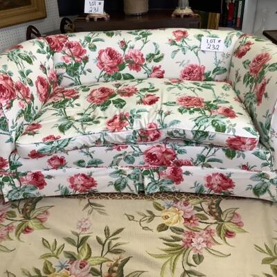 232. Custom Upholstered Loveseat with Down Filled Cushion with RAMM Fabric Versaille Rose