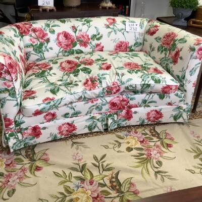 232. Custom Upholstered Loveseat with Down Filled Cushion with RAMM Fabric Versaille Rose