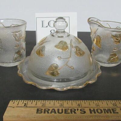 Antique Pattern Glass Ivy In Snow Butter Dish, Sugar and Creamer With Gold Trim