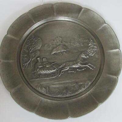 Currier and Ives Pewter Bas-Relief Plate The Road-Winter, 1st In Series 1974