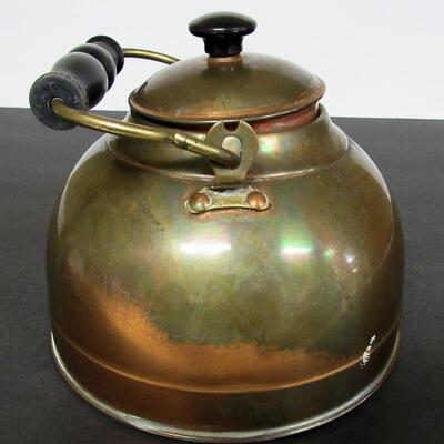 Copper Tea Kettle Wood Handle, Brass Hardware, Made in England Lots of Great Patina
