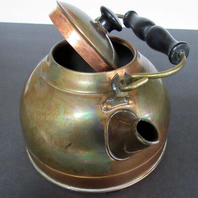 Copper Tea Kettle Wood Handle, Brass Hardware, Made in England Lots of Great Patina