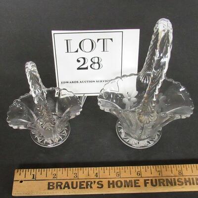 2 Vintage Etched Glass Baskets Unmarked