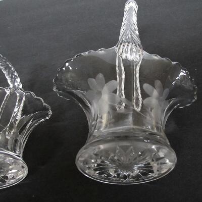 2 Vintage Etched Glass Baskets Unmarked