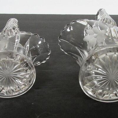2 Vintage Etched Glass Baskets Unmarked