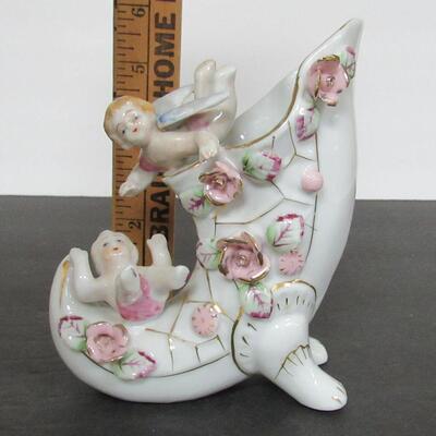 Vintage Fine China Figural Vase With Angels and Roses Attached
