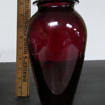 Vintage Ruby Red Tall Vase Scalloped Top