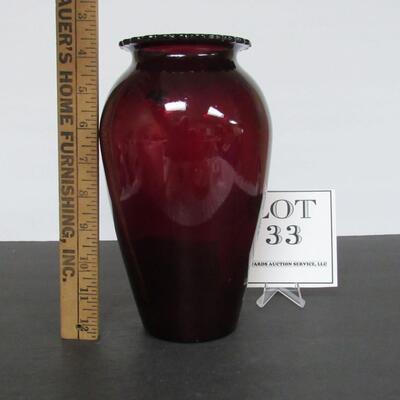 Vintage Ruby Red Tall Vase Scalloped Top