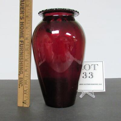 Vintage Ruby Red Tall Vase Scalloped Top