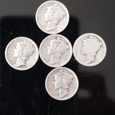 5 silver mercury dimes 