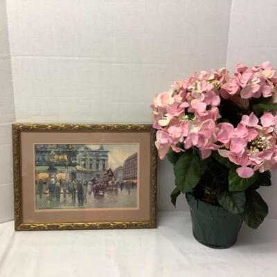 264. REVISED-Signed Framed Print of an Oil Painting by Antoine Blanchard  &. Faux Hydrangeas 