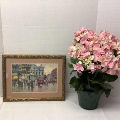 264. REVISED-Signed Framed Print of an Oil Painting by Antoine Blanchard  &. Faux Hydrangeas 