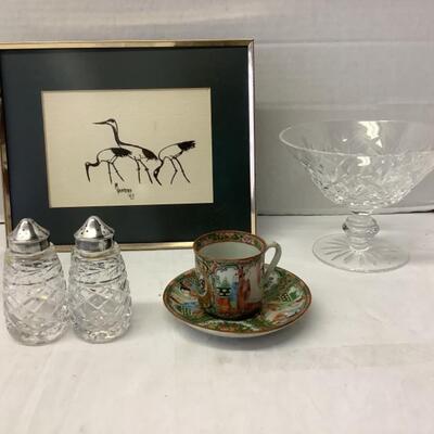 283  Rose Medallion  Demitasse , Waterford Salt/Pepper, Waterford Compote & Signed Sketch by M. Vandike