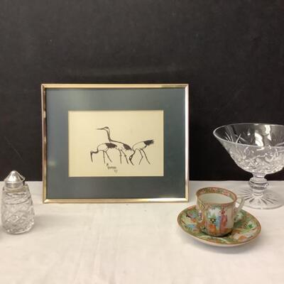 283  Rose Medallion  Demitasse , Waterford Salt/Pepper, Waterford Compote & Signed Sketch by M. Vandike