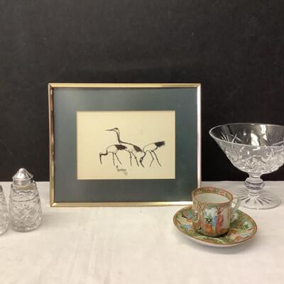 283  Rose Medallion  Demitasse , Waterford Salt/Pepper, Waterford Compote & Signed Sketch by M. Vandike