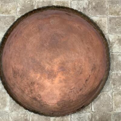 B663 Large Decorative Copper Tray with Scalloped Edge and Stand 