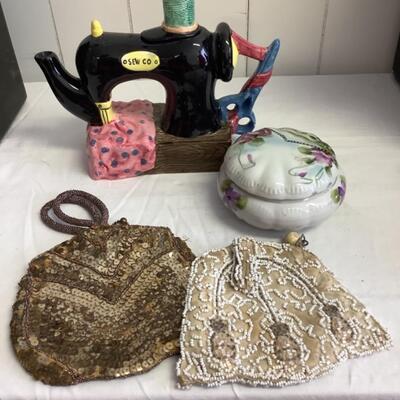 297  Antique Beaded Evening Bags/ Antique Vanity Jar/Antique Tea Pot