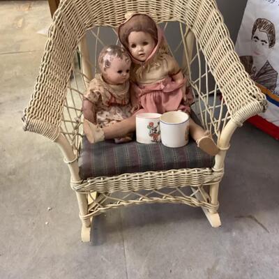 307. Antique Childs Wicker Rocker & Antique Dolls 